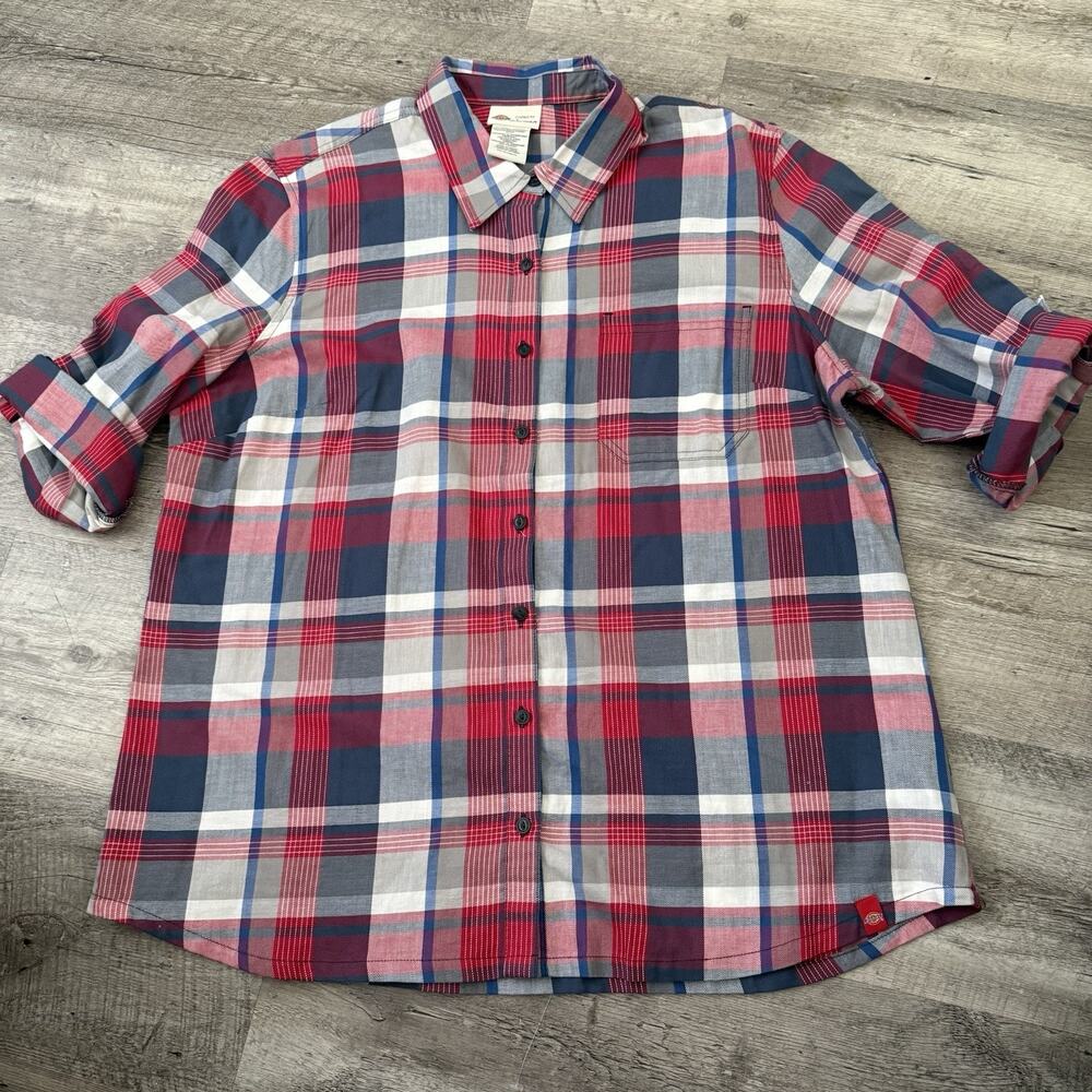 Dickies Button Up Shirt Womens Sz XL Red Gray Plaid 100% Cotton 3/4 Sleeve